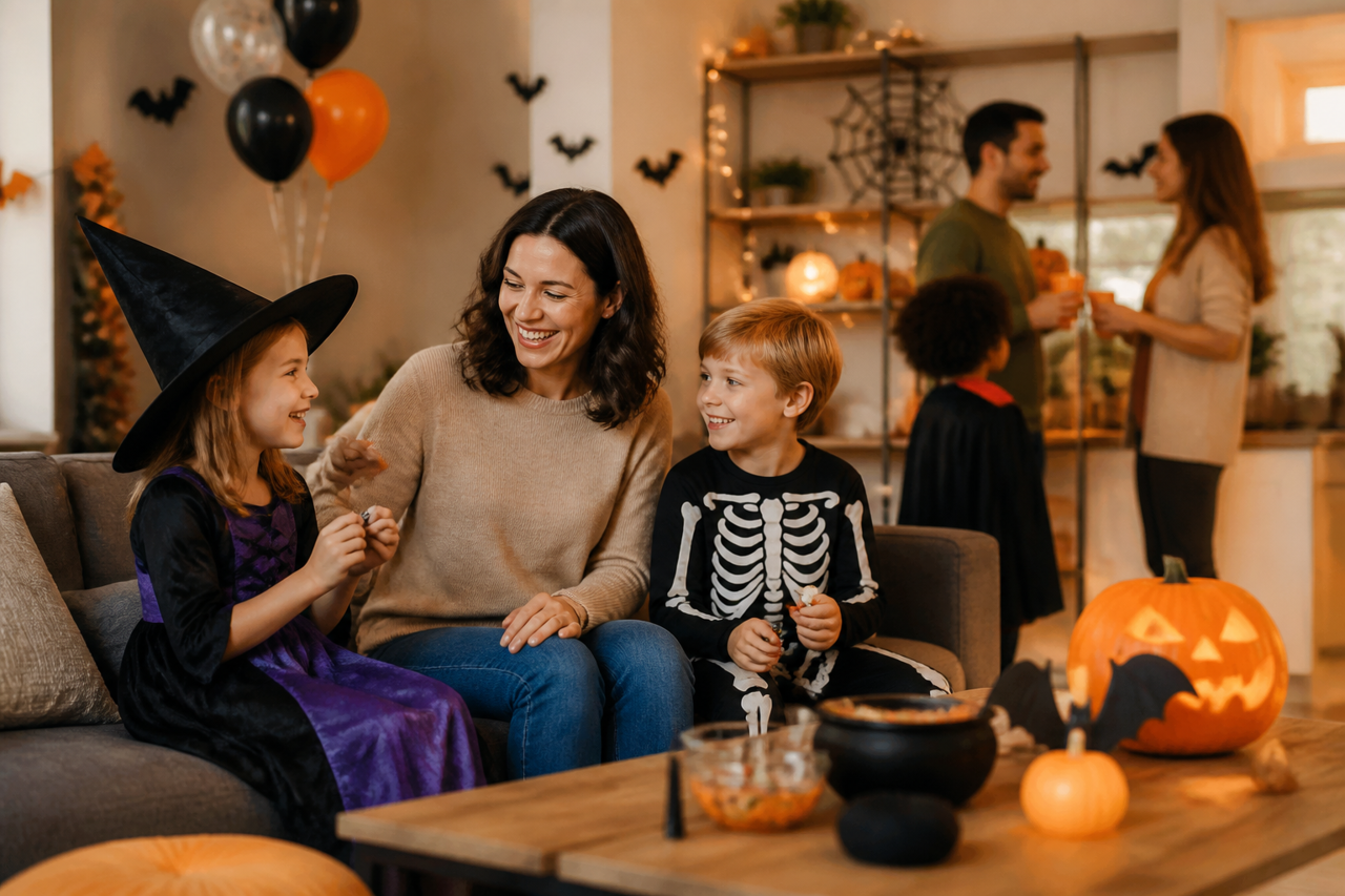 Woman children halloween costumes living room party