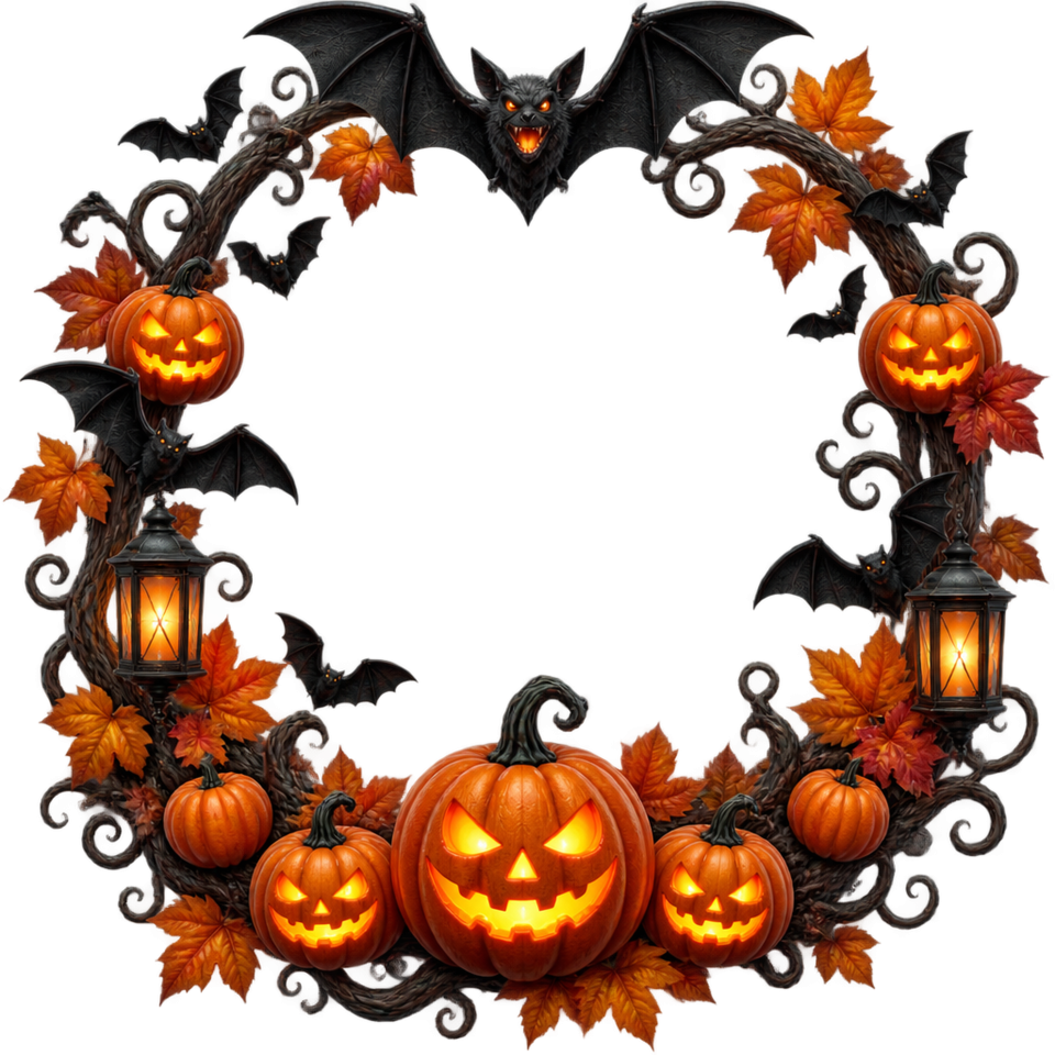 Halloween pumpkin bat lantern autumn wreath frame