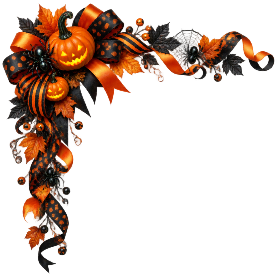 Halloween pumpkin black orange ribbon spider corner