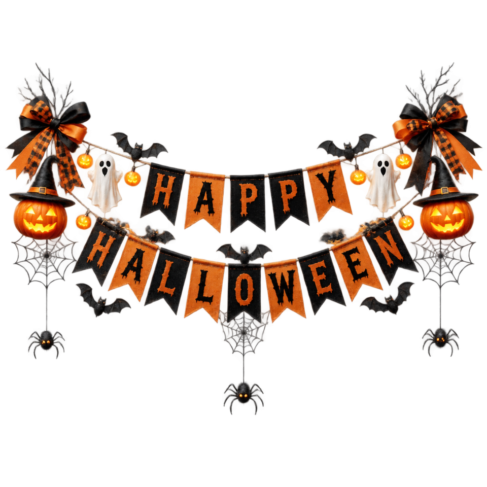 Happy halloween banner witch hats pumpkins spiders