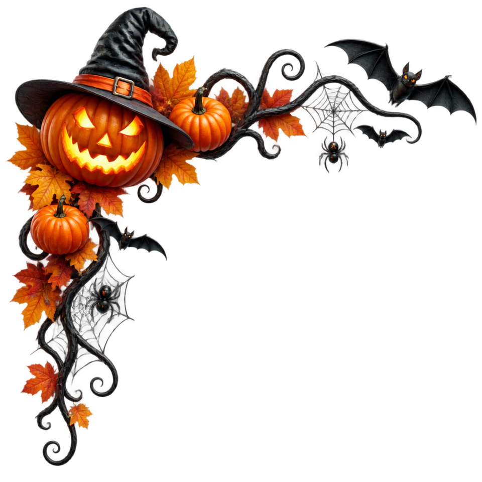 Jack o lantern witch hat bats autumn corner