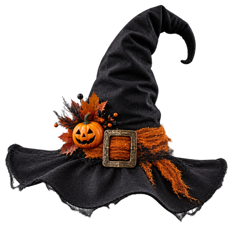 Black witch hat pumpkin autumn leaves orange band