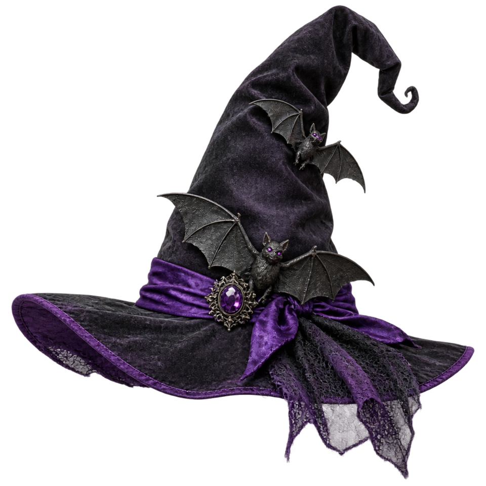 Black witch hat purple ribbon bat decorations