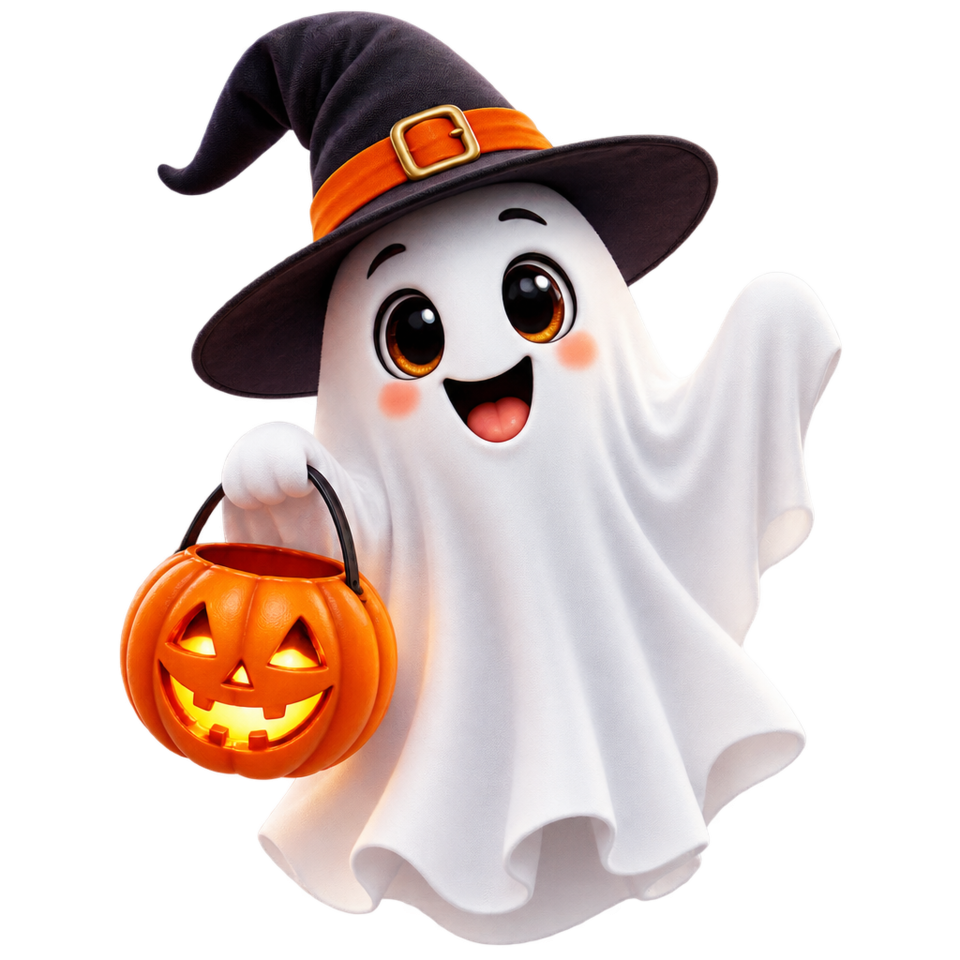 Ghost witch hat holding pumpkin candy bucket