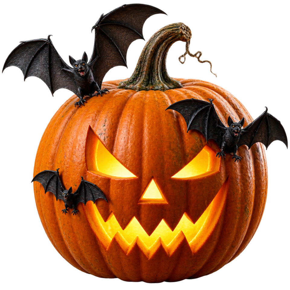 Glowing jack o lantern surrounded by black bats