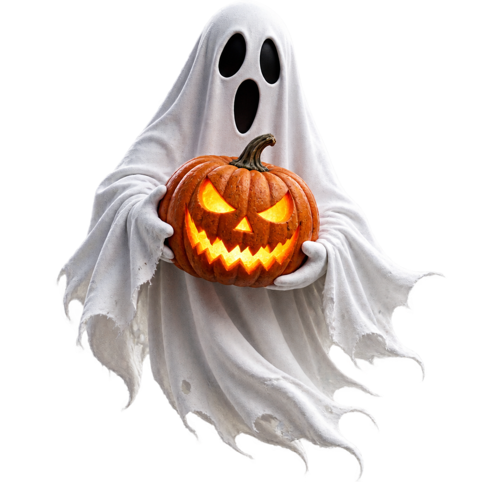Sheet ghost holding glowing jack o lantern