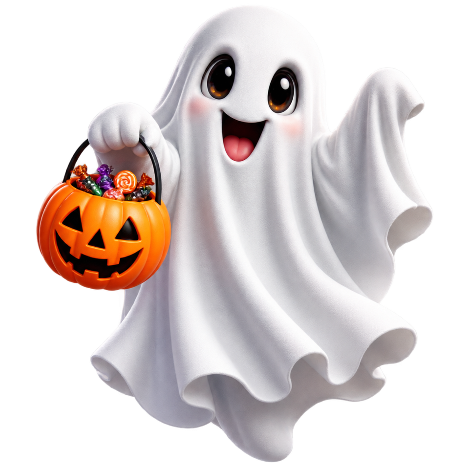 Smiling ghost holding filled pumpkin candy bucket