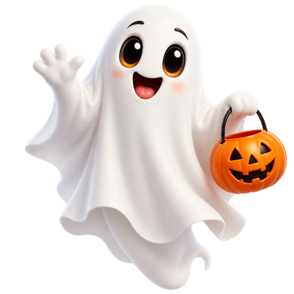 Waving white ghost holding pumpkin bucket