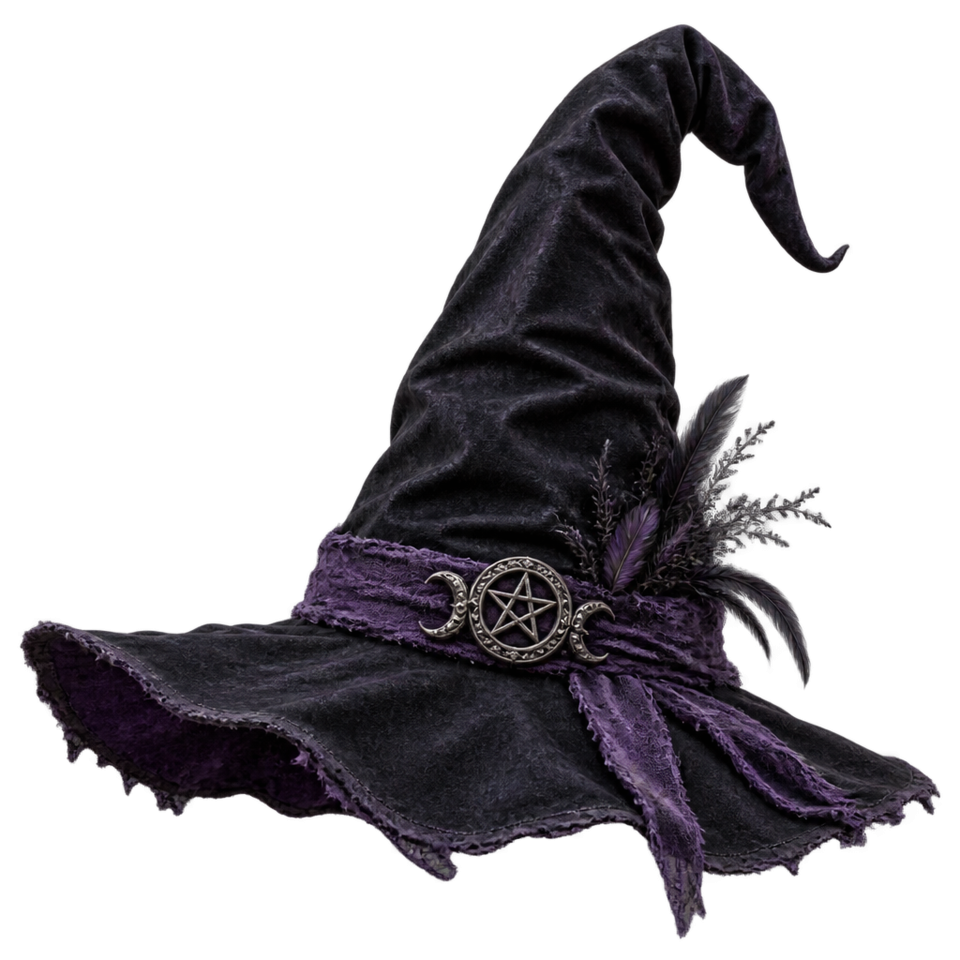Black witch hat purple ribbon pentagram buckle