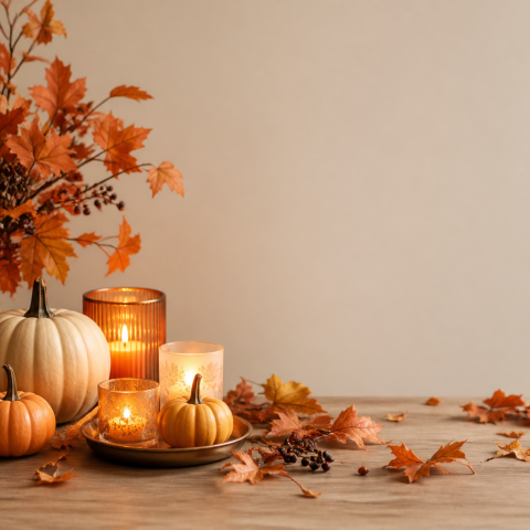 Autumn pumpkin candle beige copy space background