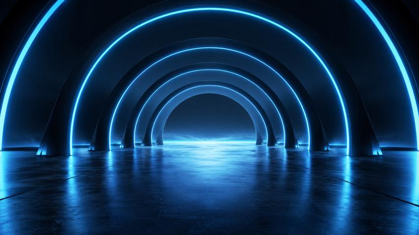 Futuristic blue neon arches dark background