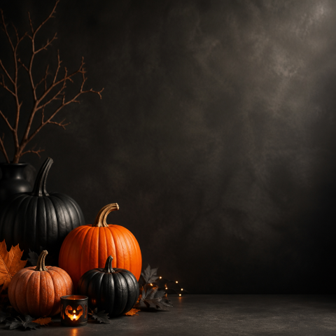 Halloween black pumpkins dark still life background
