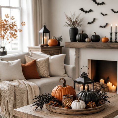 Halloween living room fireplace pumpkin decor