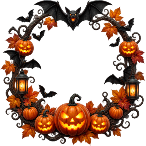 Halloween pumpkin bat lantern autumn wreath frame