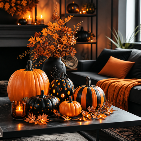 Halloween pumpkin centerpiece cozy living room