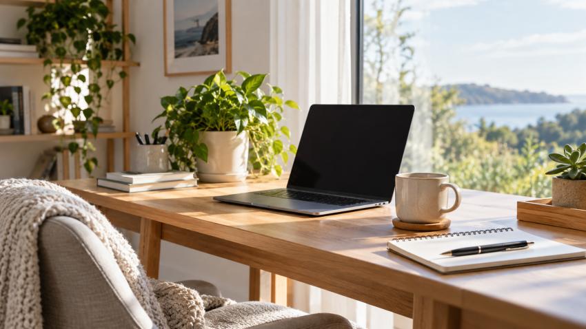 Home office laptop coffee plants natural light