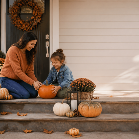 Mother child carving pumpkin autumn front steps