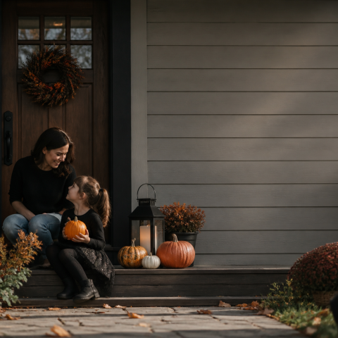 Mother child carving pumpkin halloween front porch