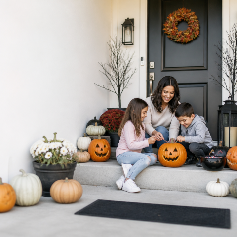 Mother children carving pumpkins halloween porch