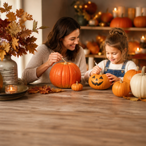 Mother daughter carving pumpkin autumn kitchen