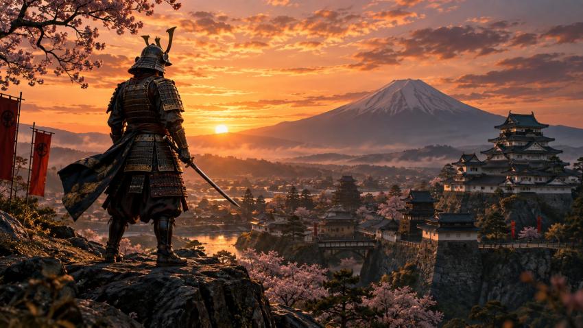 Samurai warrior japan castle mount fuji sunset