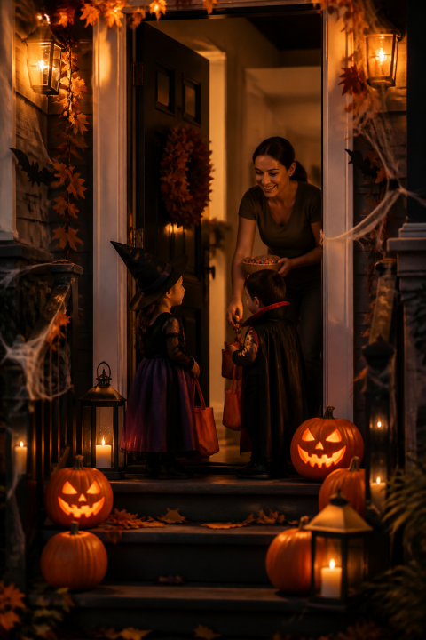 Woman giving candy costumed children halloween doorway