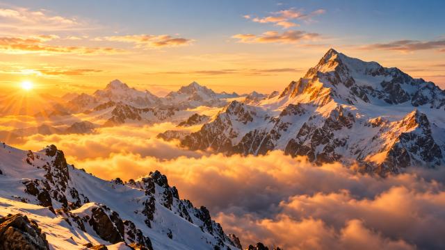 Snowy alps mountains golden sunrise clouds