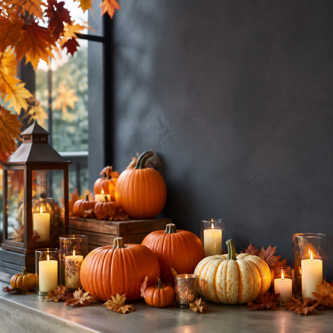Autumn pumpkin candle window still life