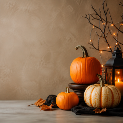 Autumn pumpkin lantern beige still life background