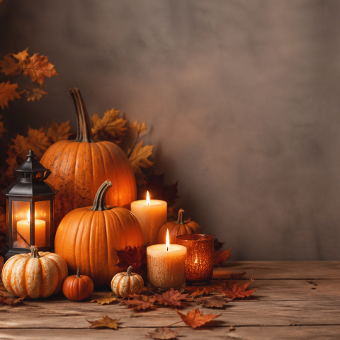 Autumn pumpkin candle still life beige background