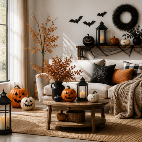 Cozy halloween living room pumpkin decor