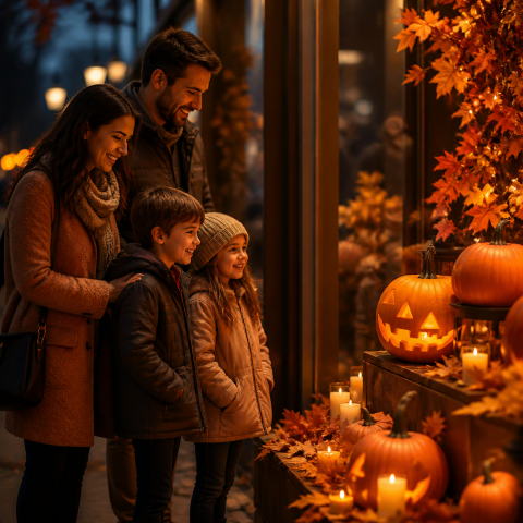 Family halloween night pumpkin display