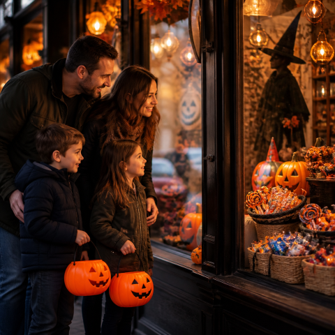 Family halloween shopping pumpkin buckets storefront