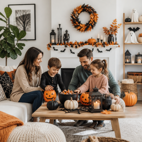 Family pumpkin carving halloween living room