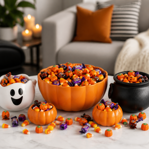 Halloween candy bowl pumpkin ghost table
