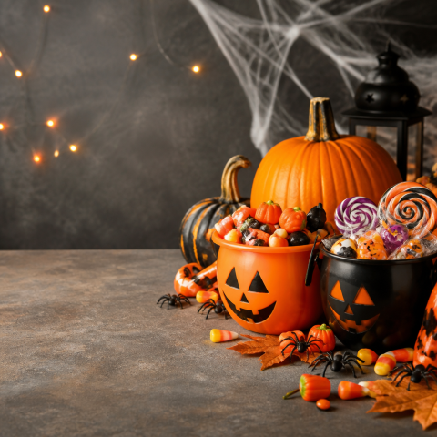 Halloween candy buckets pumpkin spiderweb background