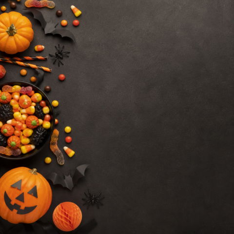 Halloween candy jack o lantern gray copy space