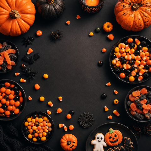 Halloween candy pumpkin black flat lay background