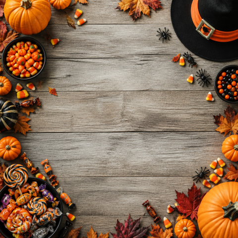 Halloween candy pumpkin light wood background