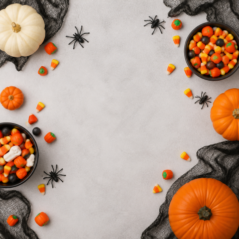 Halloween candy pumpkin white flat lay background