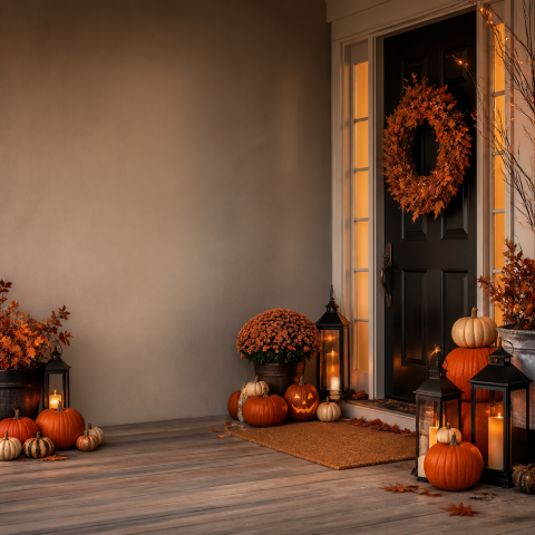 Halloween front door pumpkin lantern copy space