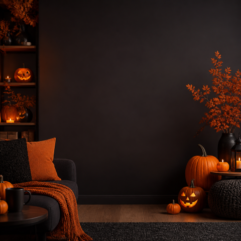 Halloween living room pumpkin dark copy space