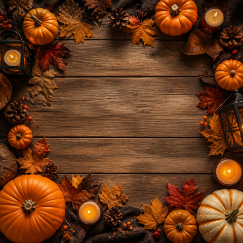 Halloween pumpkin autumn leaves rustic wood frame