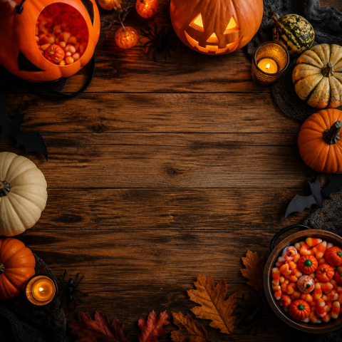 Halloween pumpkin candy rustic wood copy space