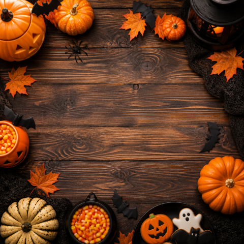 Halloween pumpkin ghost candy rustic wood background