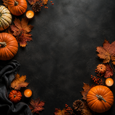 Halloween pumpkin leaves dark copy space border