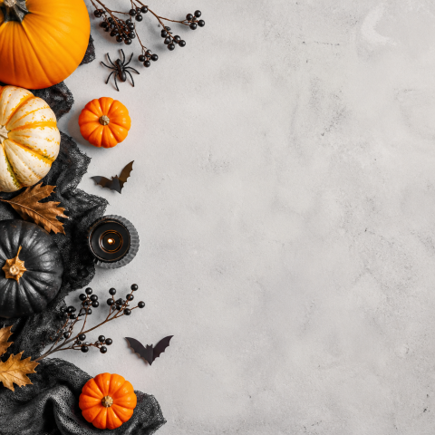 Halloween pumpkin white marble copy space background