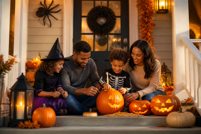 Adults children carving pumpkins front porch