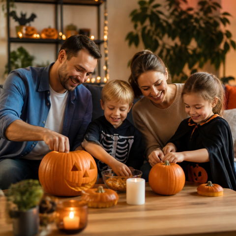 Adults children carving pumpkins kitchen table
