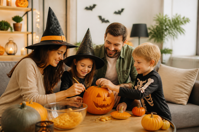 Adults children carving pumpkins living room witch hats